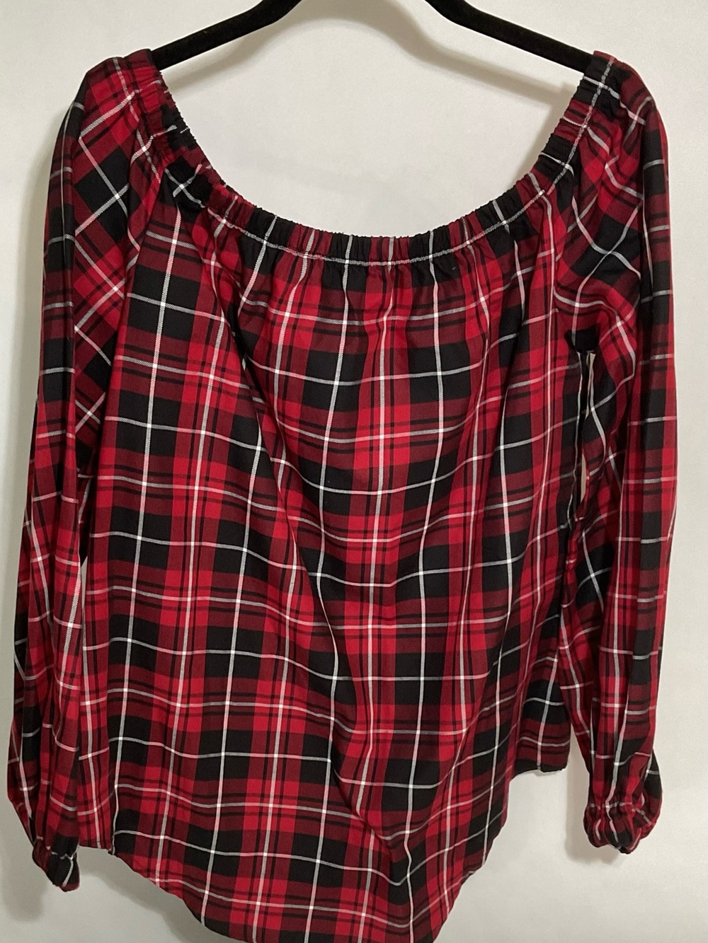 VENUS Red and Black Plaid Off-Shoulder Blouse